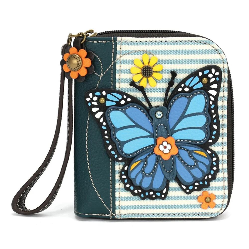 Chala Zip Around Faux Leather Wallet Wristlet - Blue Butterfly, Blue Stripe NWT